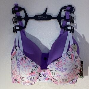 XOXO 2 Pack Bras 38D Purple Solid and White Graffiti Heart Print Standout Straps